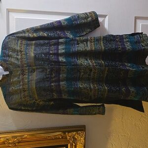 Chico's  Jacket Women's Jacquard Button Up Knee-Length Blue Purple Teal